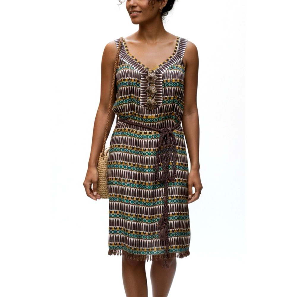 Milly Dress Tribal Print Brown Silk Sleeveless Belted Beaded Trim V Neck 4 S